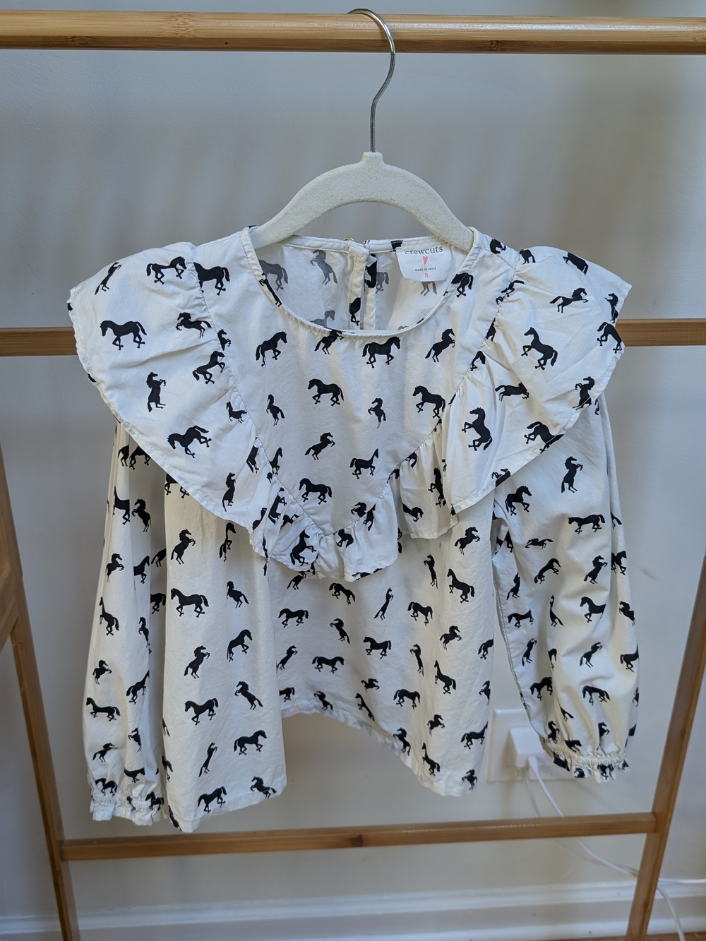 Girls' White Horse-Print Ruffle Collar Top